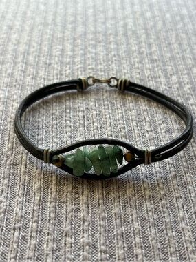 Bohemian theme bluish green stones on black cord clasped bracelet
